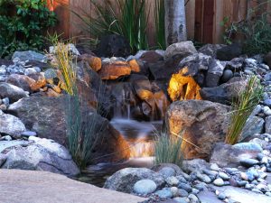 Piedmont, CA waterfall, pondless waterfall, stream, bridge - pondless waterfall vs. traditional pond