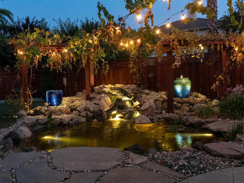 aquacape bacyard koi pond build in brentwood ca with vase foutains, water garden plants - pond automation technology