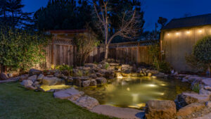 Swim pond aquascape with wet land - energy efficient pond pumps