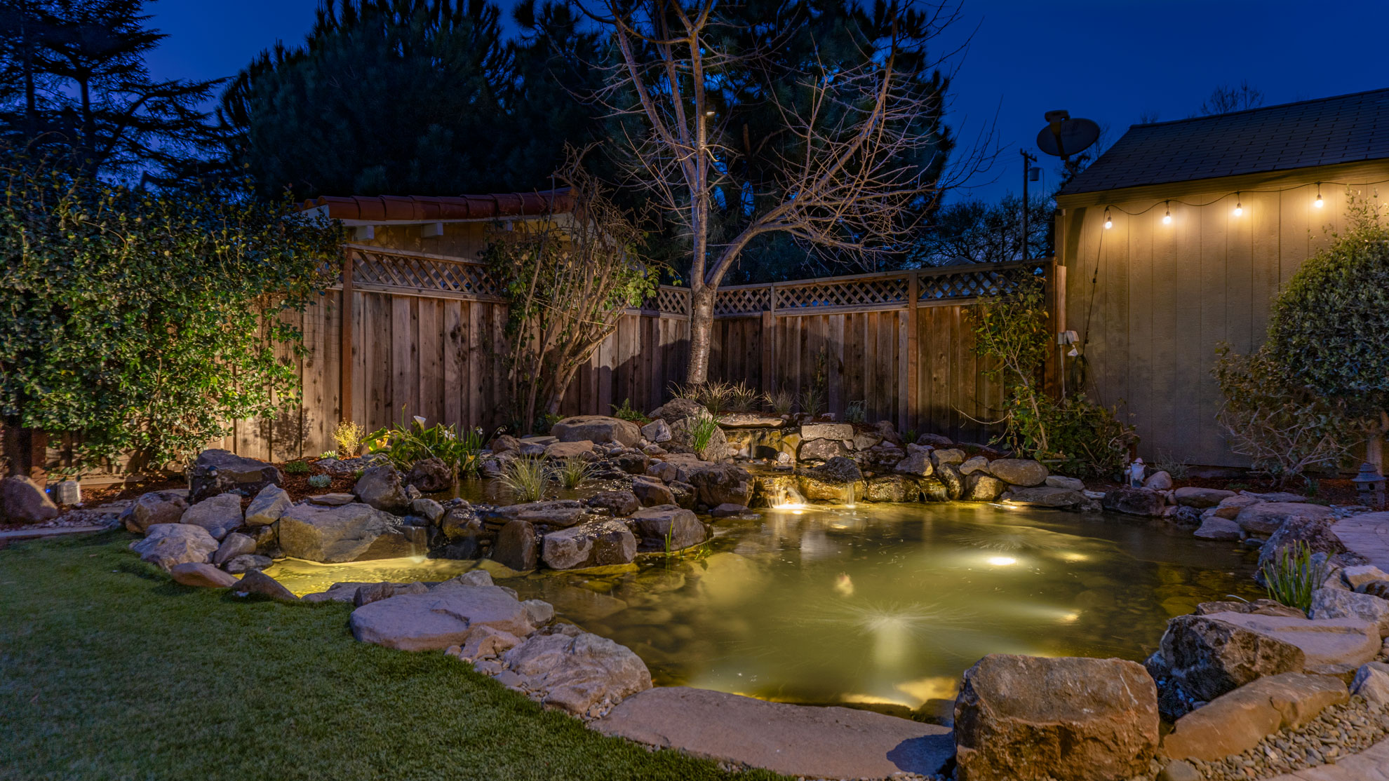 Swim pond aquascape with wet land - energy efficient pond pumps