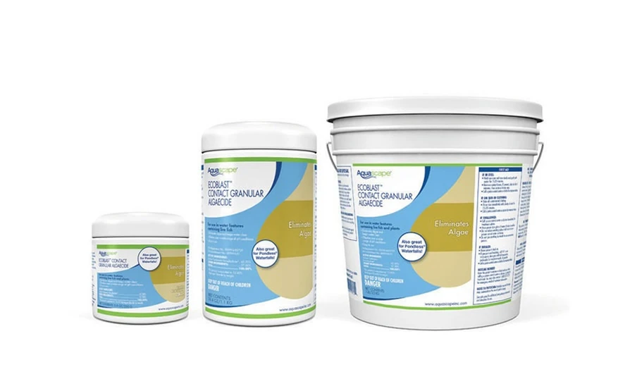 Three white containers of different sizes labeled “Aquascape EcoBlast Contact Granular Algaecide” are arranged side by side on a white background. Three white containers of different sizes labeled “Aquascape EcoBlast Contact Granular Algaecide” are arranged side by side on a white background.