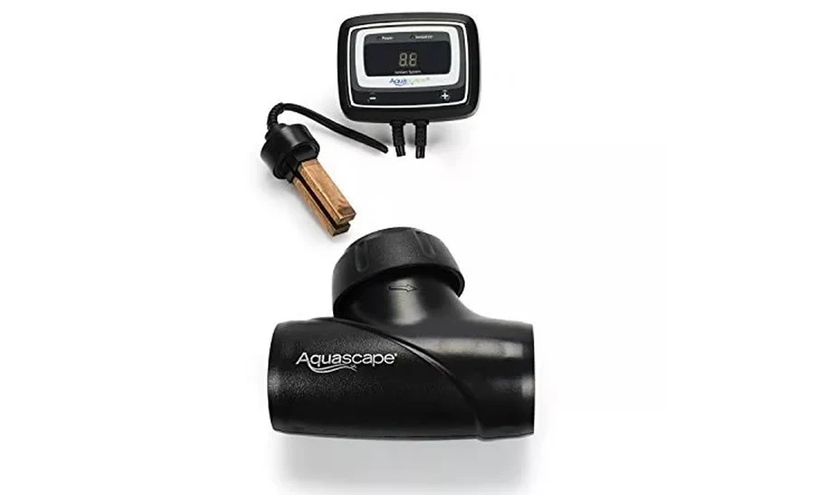 Aquascape IonGen electronic water clarifier with a digital control panel, a probe with cable, and a black cylindrical flow chamber. Aquascape IonGen electronic water clarifier with a digital control panel, a probe with cable, and a black cylindrical flow chamber.