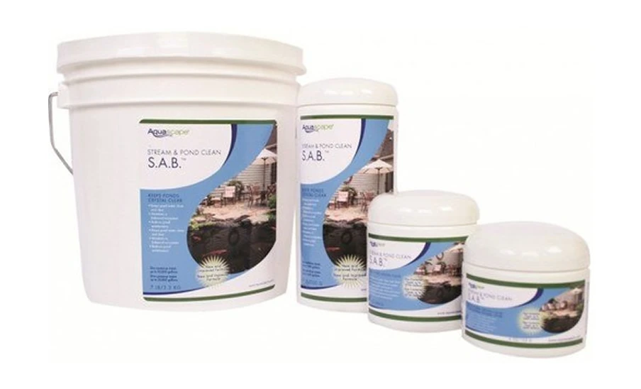 Four containers of AquaScape Stream & Pond Clean S.A.B. pond treatment in various sizes are displayed against a white background. Four containers of AquaScape Stream & Pond Clean S.A.B. pond treatment in various sizes are displayed against a white background.