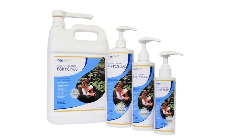 Four bottles of AquaPower Sludge Cleaner for Ponds in varying sizes, with white pumps and blue labels featuring a pond image and product information. Four bottles of AquaPower Sludge Cleaner for Ponds in varying sizes, with white pumps and blue labels featuring a pond image and product information.