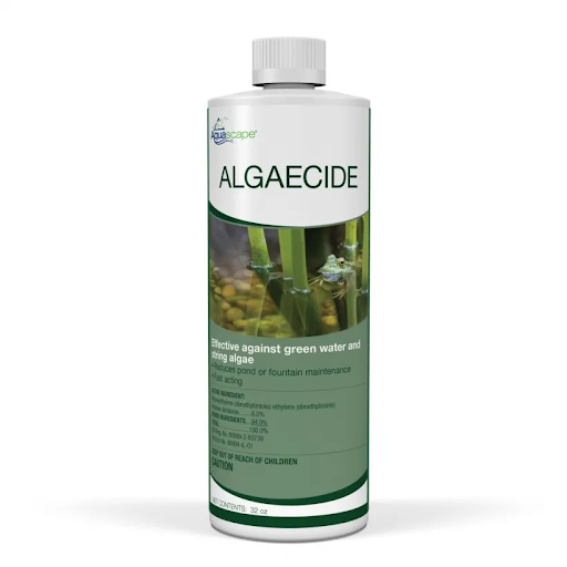 A bottle of Aquascape Algaecide for pond or fountain maintenance, labeled as effective against green water and string algae, with a white cap and green label—perfect alongside helpful how to videos and resources. A bottle of Aquascape Algaecide for pond or fountain maintenance, labeled as effective against green water and string algae, with a white cap and green label—perfect alongside helpful how to videos and resources.