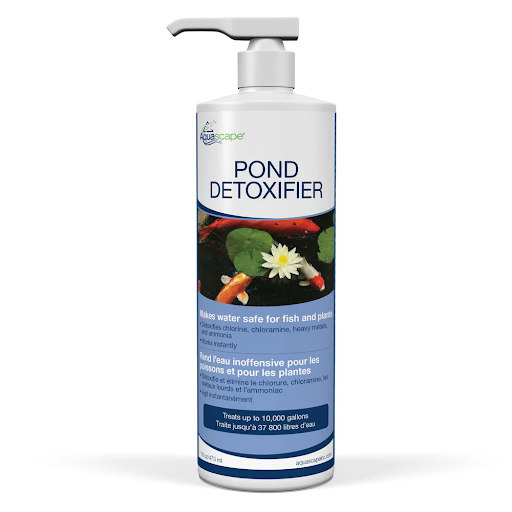 A bottle of Aquascape Pond Detoxifier with a pump dispenser, featuring fish and lily pad imagery, text about making water safe for fish and plants, and video resources for easy usage tips. A bottle of Aquascape Pond Detoxifier with a pump dispenser, featuring fish and lily pad imagery, text about making water safe for fish and plants, and video resources for easy usage tips.