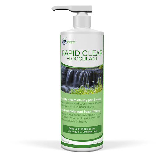 A bottle of Aquascape Rapid Clear Flocculant with a pump dispenser, labeled for clearing cloudy pond water and treating up to 10,000 gallons. Check out our How To Videos for easy application tips and clear water results. A bottle of Aquascape Rapid Clear Flocculant with a pump dispenser, labeled for clearing cloudy pond water and treating up to 10,000 gallons. Check out our How To Videos for easy application tips and clear water results.
